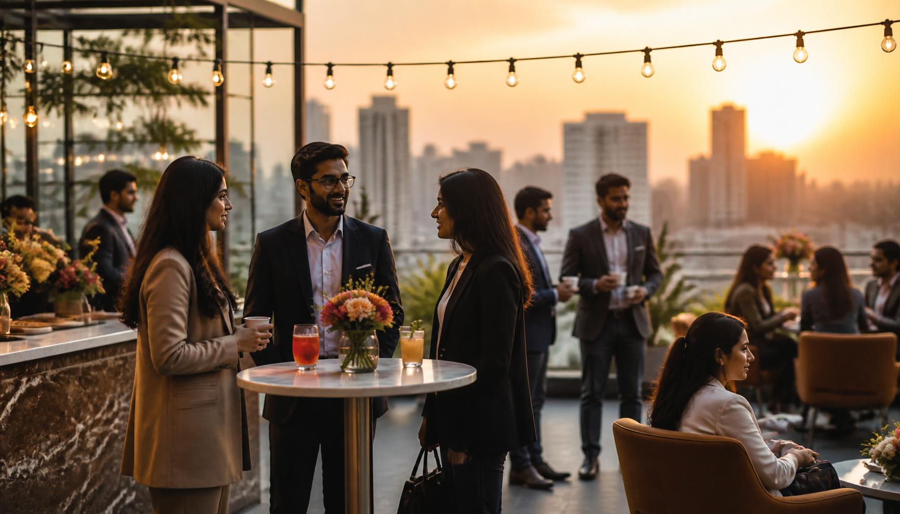 Luxury hotel rooftop terrace event at sunset